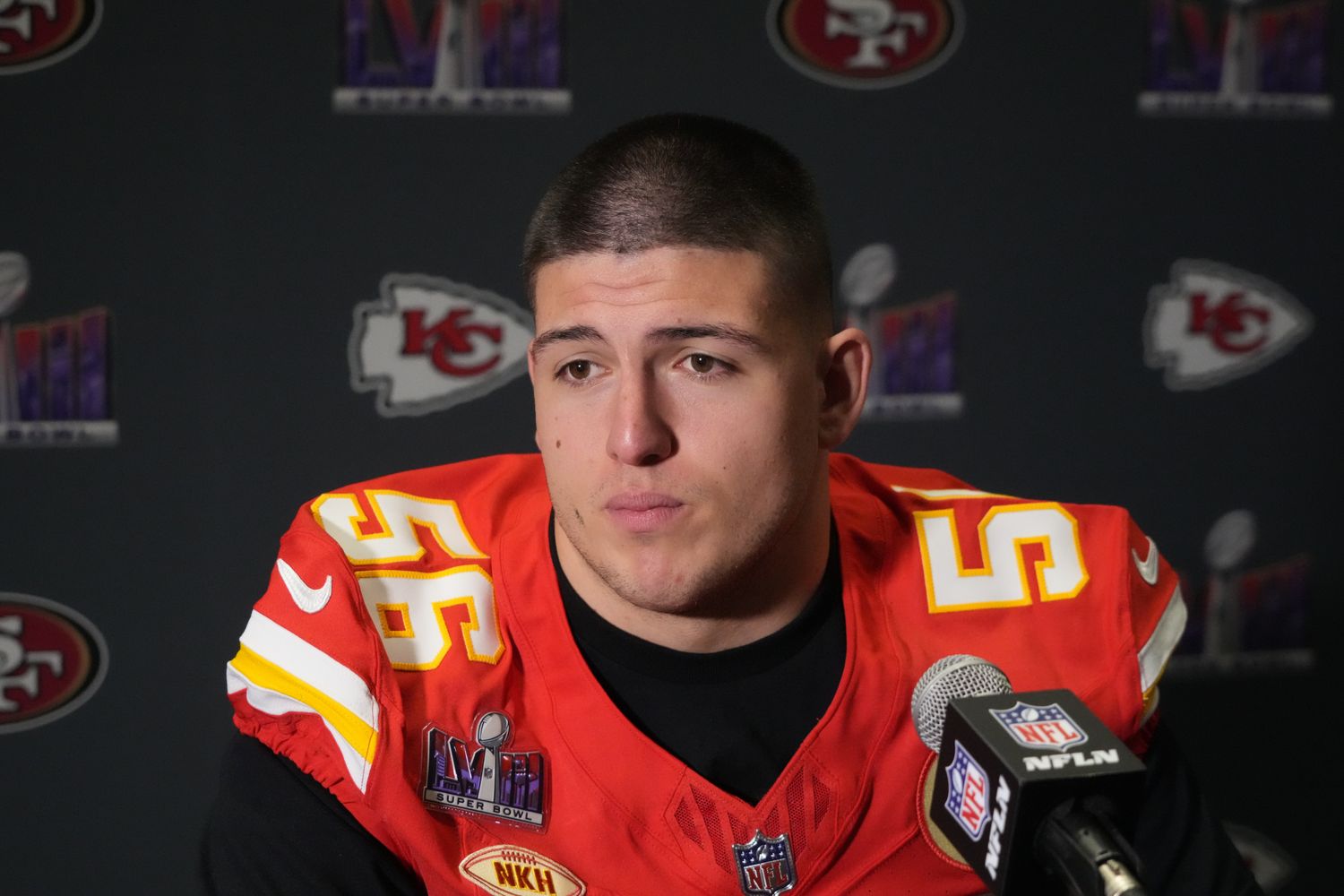 Feb 6, 2024; Las Vegas, NV, USA; Kansas City Chiefs defensive end George Karlaftis (56) during a press conference before Super Bowl LVIII at Westin Lake Las Vegas Resort and Spa. Mandatory Credit: Kirby Lee-USA TODAY Sports  